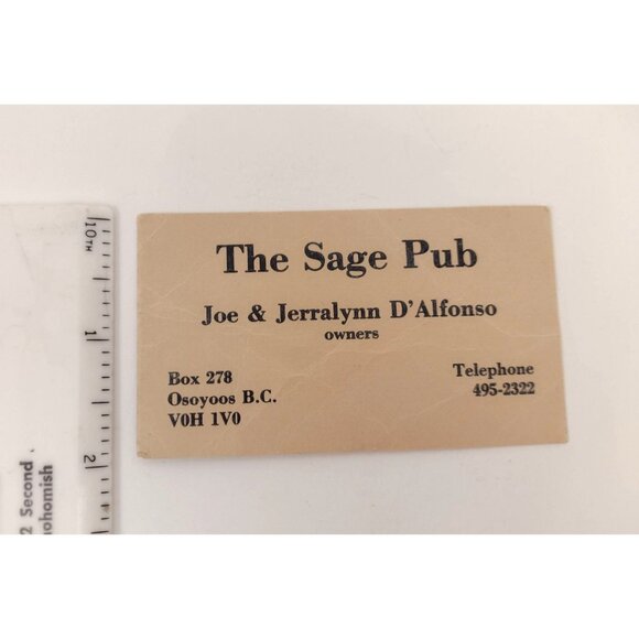 The Sage Pub Vintage Business Card Osoyoos B.C. Canada Joe & Jerralynn DAlfonso - Picture 2 of 3